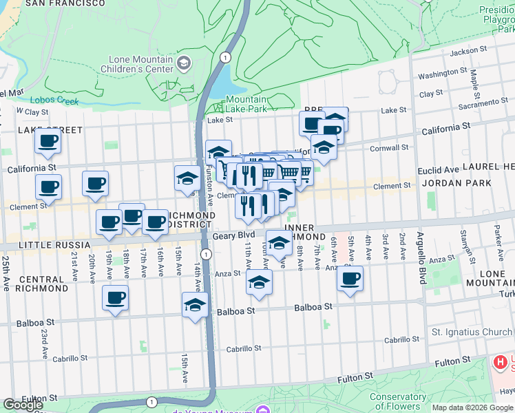 map of restaurants, bars, coffee shops, grocery stores, and more near 337 10th Avenue in San Francisco