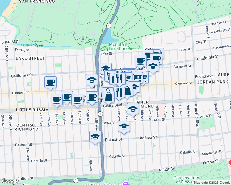 map of restaurants, bars, coffee shops, grocery stores, and more near 332 12th Avenue in San Francisco