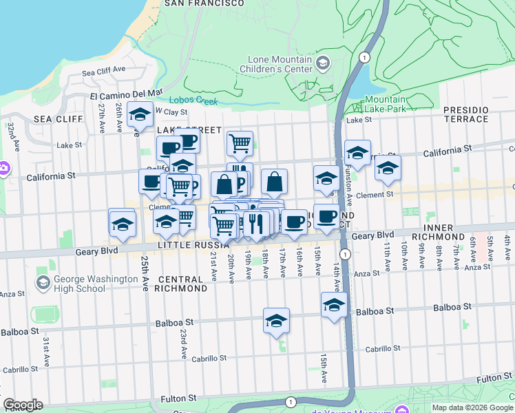 map of restaurants, bars, coffee shops, grocery stores, and more near in San Francisco