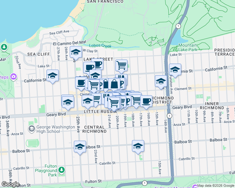 map of restaurants, bars, coffee shops, grocery stores, and more near 314 20th Avenue in San Francisco