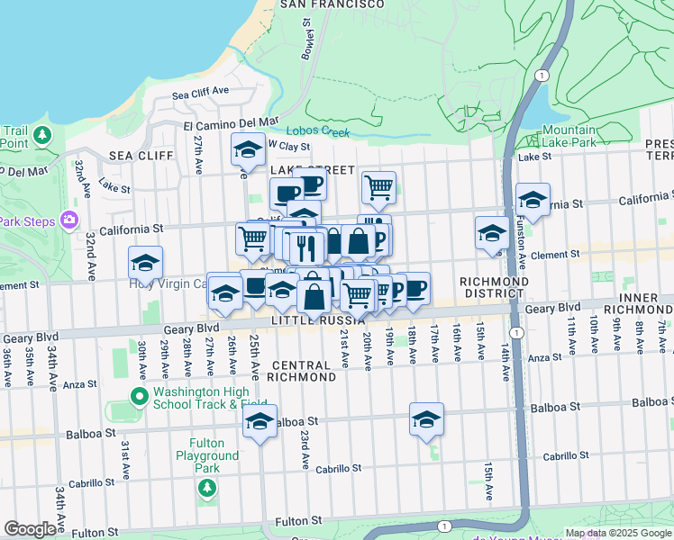 map of restaurants, bars, coffee shops, grocery stores, and more near 2021 Clement Street in San Francisco
