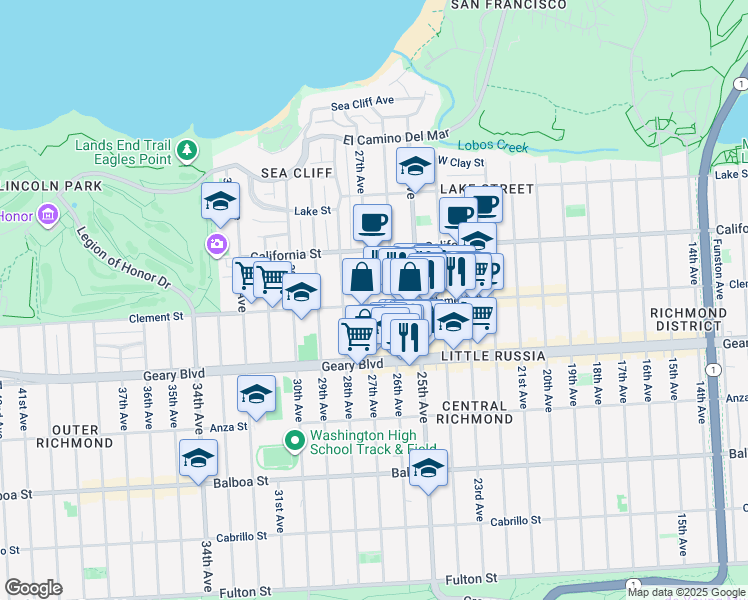 map of restaurants, bars, coffee shops, grocery stores, and more near 396 27th Avenue in San Francisco
