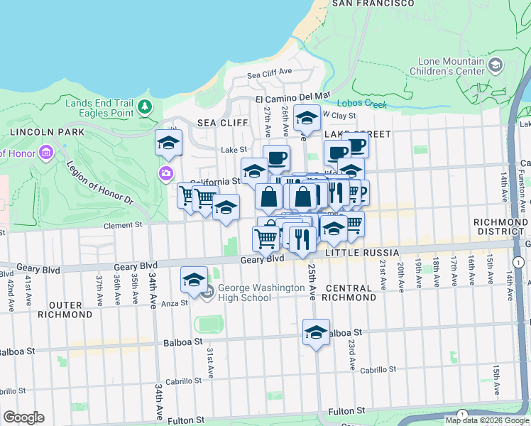 map of restaurants, bars, coffee shops, grocery stores, and more near 396 27th Avenue in San Francisco