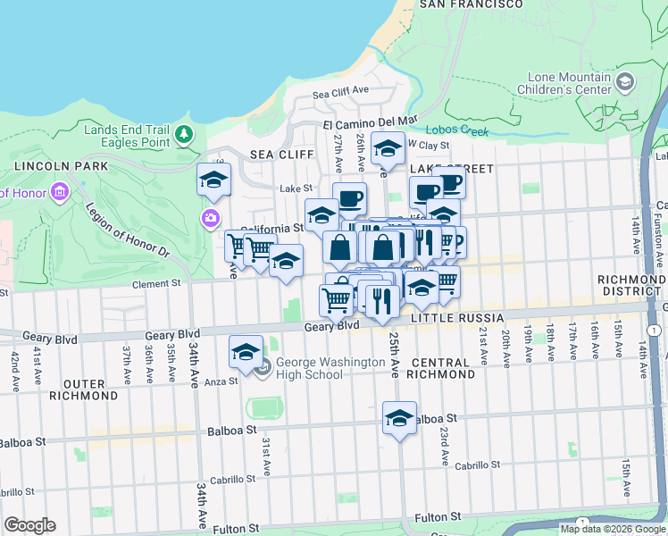 map of restaurants, bars, coffee shops, grocery stores, and more near 396 27th Avenue in San Francisco
