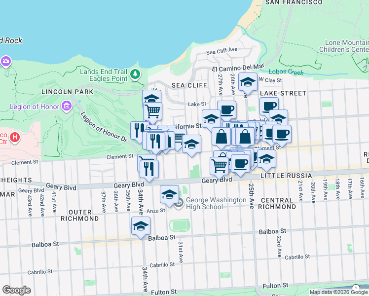 map of restaurants, bars, coffee shops, grocery stores, and more near 390 30th Avenue in San Francisco