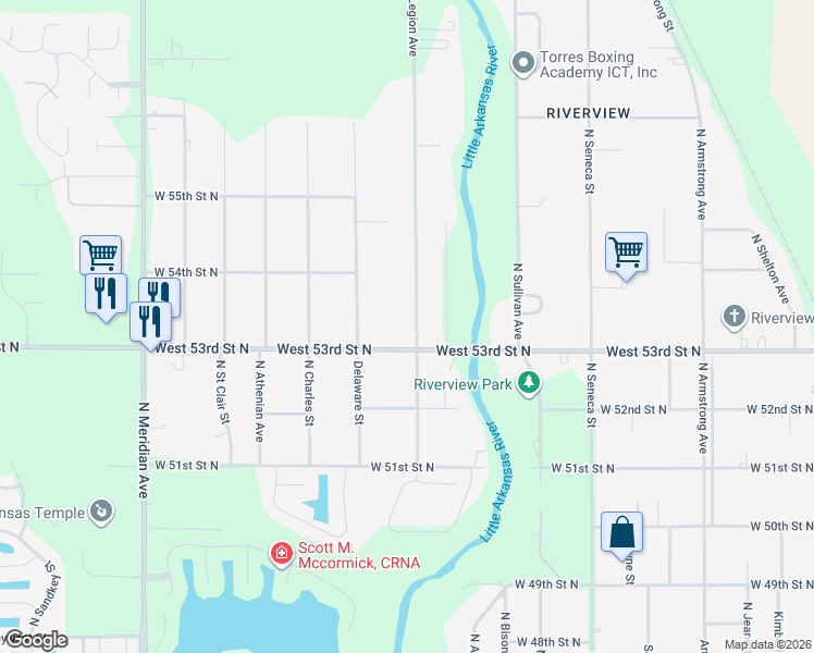 map of restaurants, bars, coffee shops, grocery stores, and more near 1714 W 53rd St N in Wichita