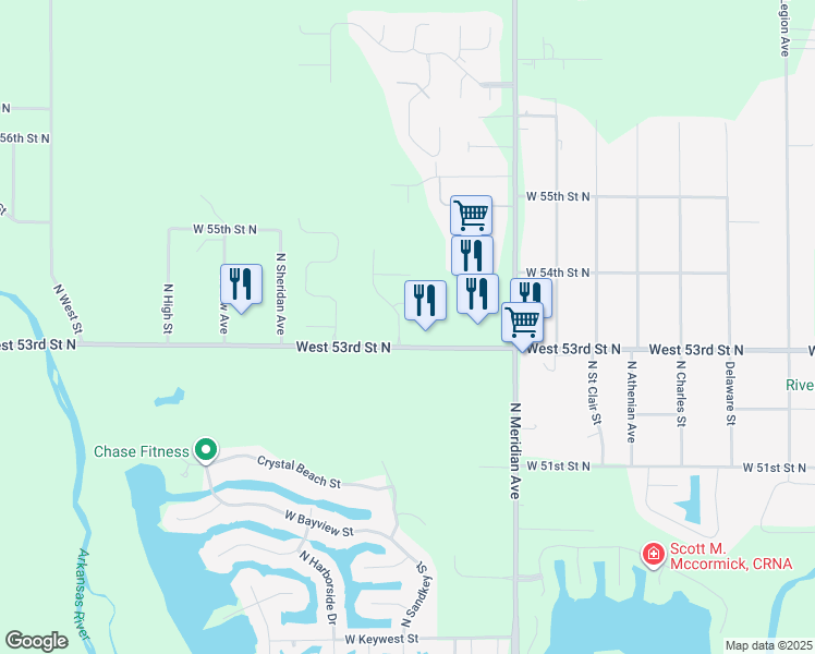 map of restaurants, bars, coffee shops, grocery stores, and more near 2894-3198 West 53rd Street North in Wichita