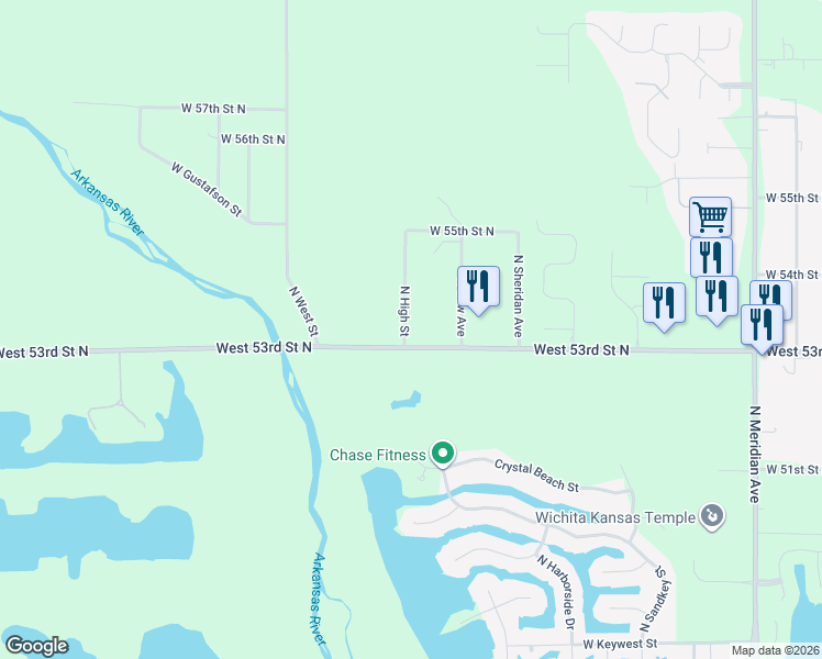 map of restaurants, bars, coffee shops, grocery stores, and more near 5402 North High Street in Wichita