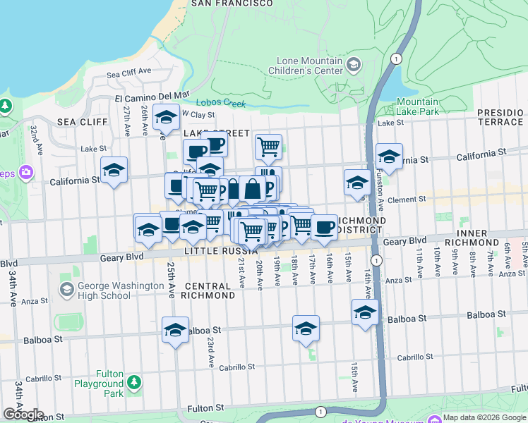 map of restaurants, bars, coffee shops, grocery stores, and more near 1829 Clement Street in San Francisco