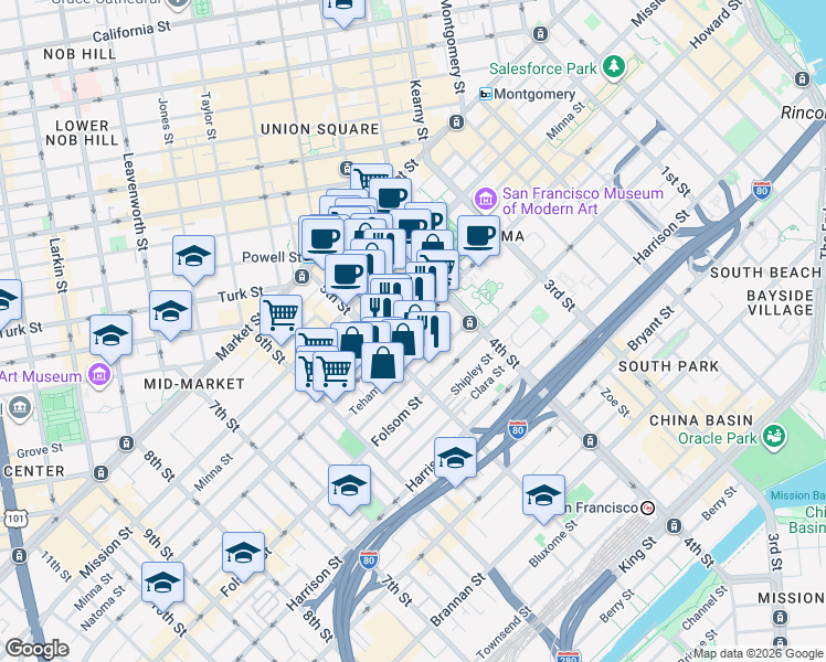 map of restaurants, bars, coffee shops, grocery stores, and more near 875 Howard Street in San Francisco