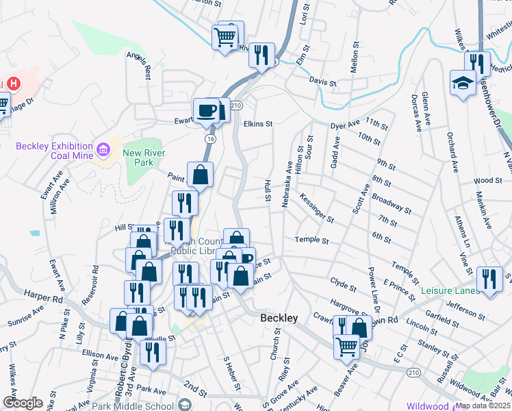 map of restaurants, bars, coffee shops, grocery stores, and more near 115 Mason Street in Beckley