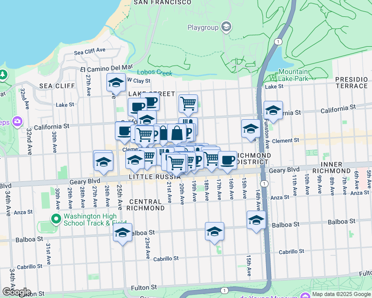 map of restaurants, bars, coffee shops, grocery stores, and more near 314 20th Avenue in San Francisco