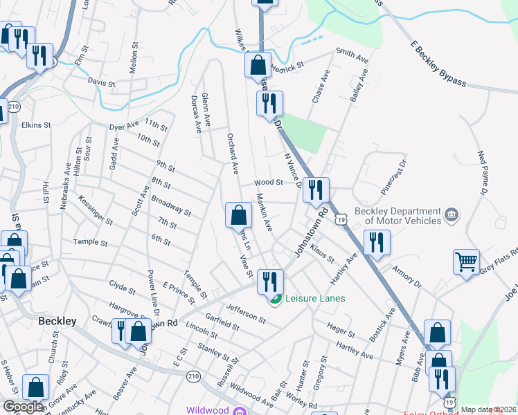 map of restaurants, bars, coffee shops, grocery stores, and more near 124 Mankin Avenue in Beckley