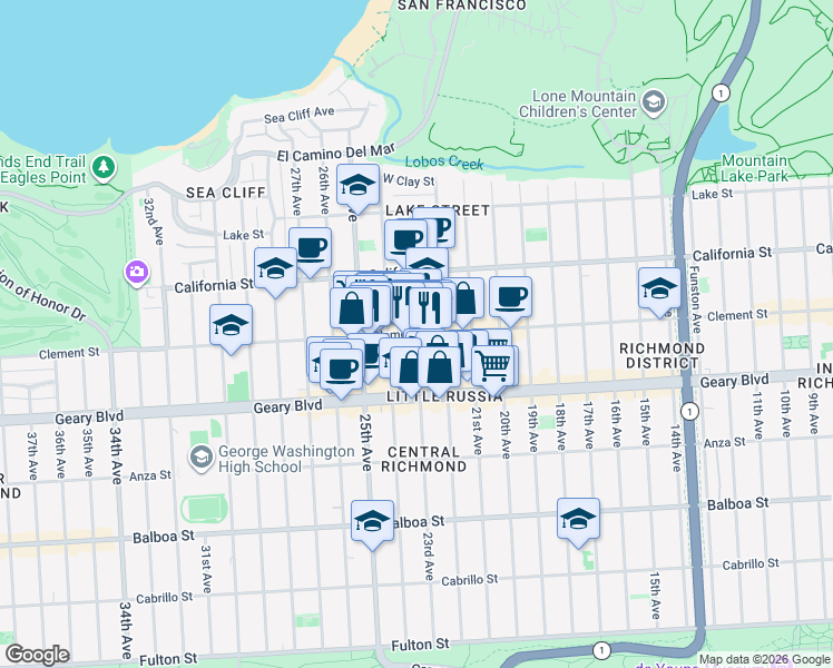 map of restaurants, bars, coffee shops, grocery stores, and more near Clement Street in San Francisco