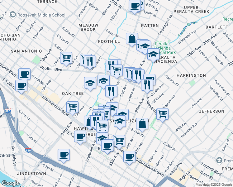 map of restaurants, bars, coffee shops, grocery stores, and more near 1808 Fruitvale Avenue in Oakland