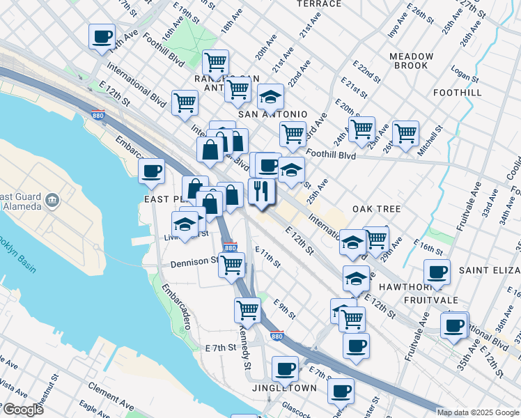 map of restaurants, bars, coffee shops, grocery stores, and more near 2325 East 12th Street in Oakland