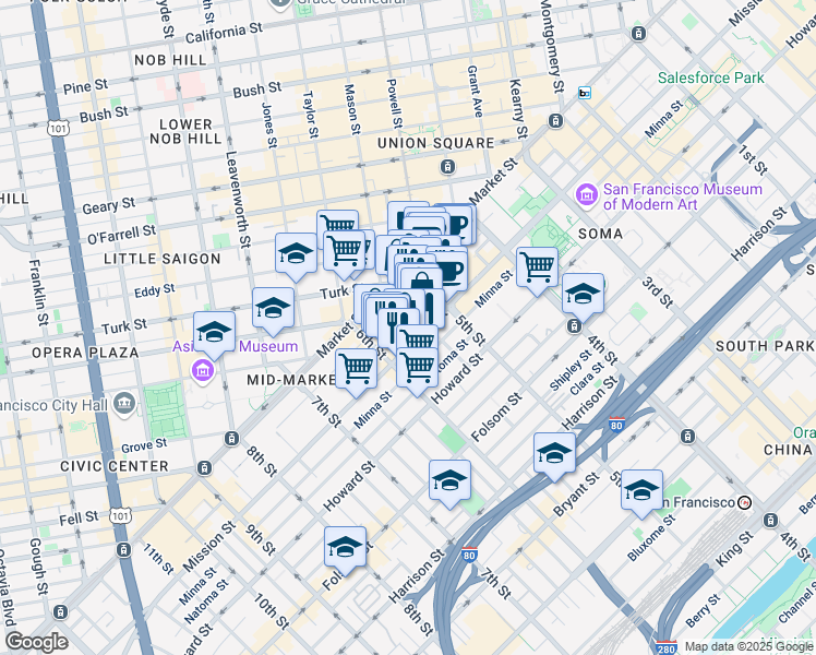 map of restaurants, bars, coffee shops, grocery stores, and more near 981 Mission Street in San Francisco
