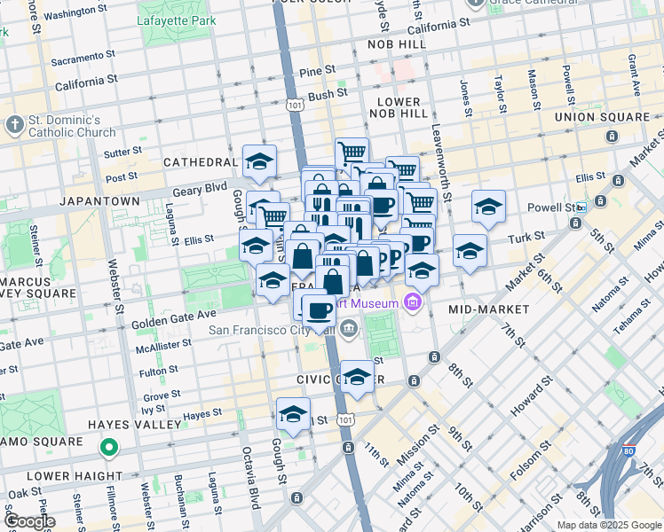 map of restaurants, bars, coffee shops, grocery stores, and more near 650 Turk Street in San Francisco