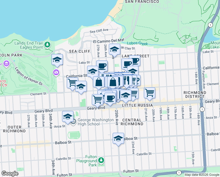 map of restaurants, bars, coffee shops, grocery stores, and more near 2448 Clement Street in San Francisco