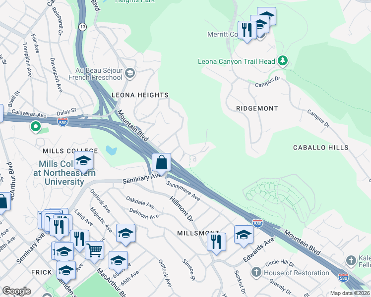 map of restaurants, bars, coffee shops, grocery stores, and more near 6210 Leona Street in Oakland