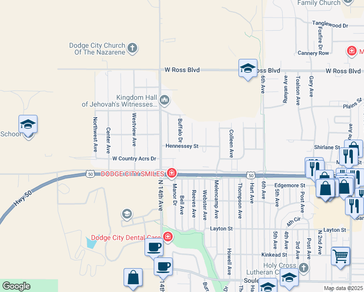 map of restaurants, bars, coffee shops, grocery stores, and more near 1299 Hennessey Street in Dodge City
