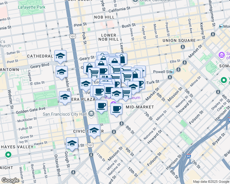 map of restaurants, bars, coffee shops, grocery stores, and more near in San Francisco