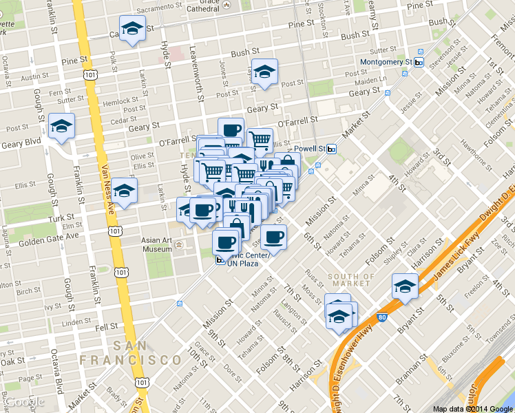 map of restaurants, bars, coffee shops, grocery stores, and more near 90 Jones Street in San Francisco