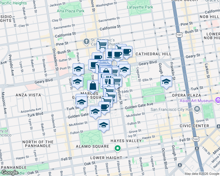 map of restaurants, bars, coffee shops, grocery stores, and more near 1330 Fillmore Street in San Francisco