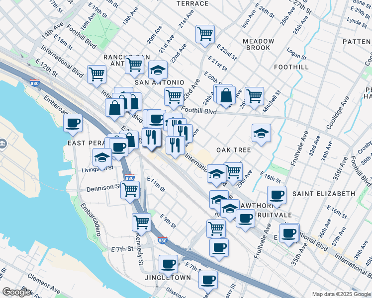 map of restaurants, bars, coffee shops, grocery stores, and more near 2506 International Boulevard in Oakland