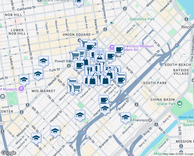 map of restaurants, bars, coffee shops, grocery stores, and more near 330 Clementina Street in San Francisco