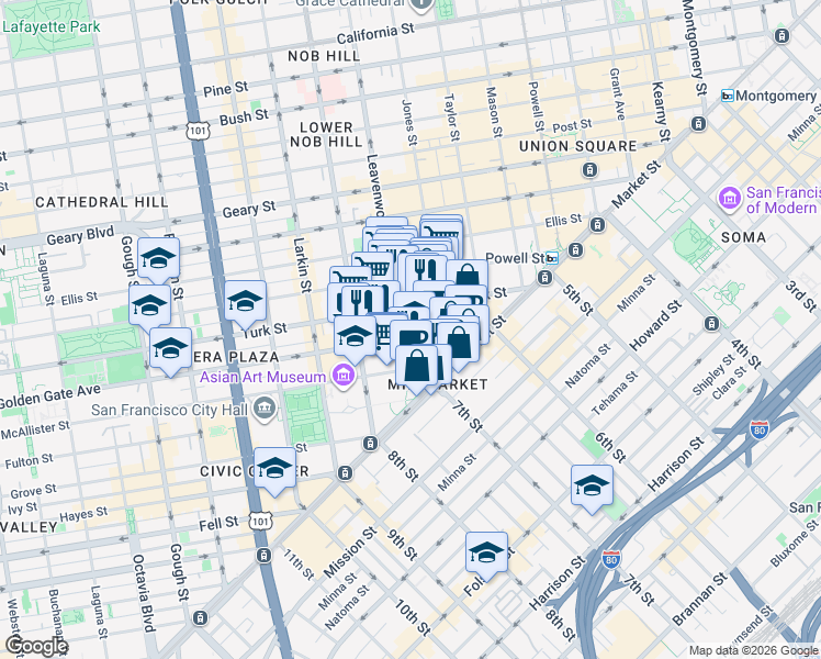 map of restaurants, bars, coffee shops, grocery stores, and more near 172 Golden Gate Avenue in San Francisco