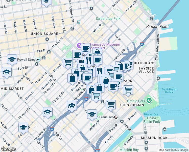 map of restaurants, bars, coffee shops, grocery stores, and more near 730 Harrison Street in San Francisco