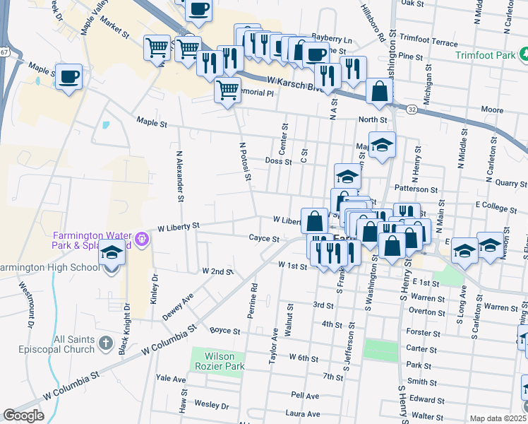map of restaurants, bars, coffee shops, grocery stores, and more near 419 West Liberty Street in Farmington