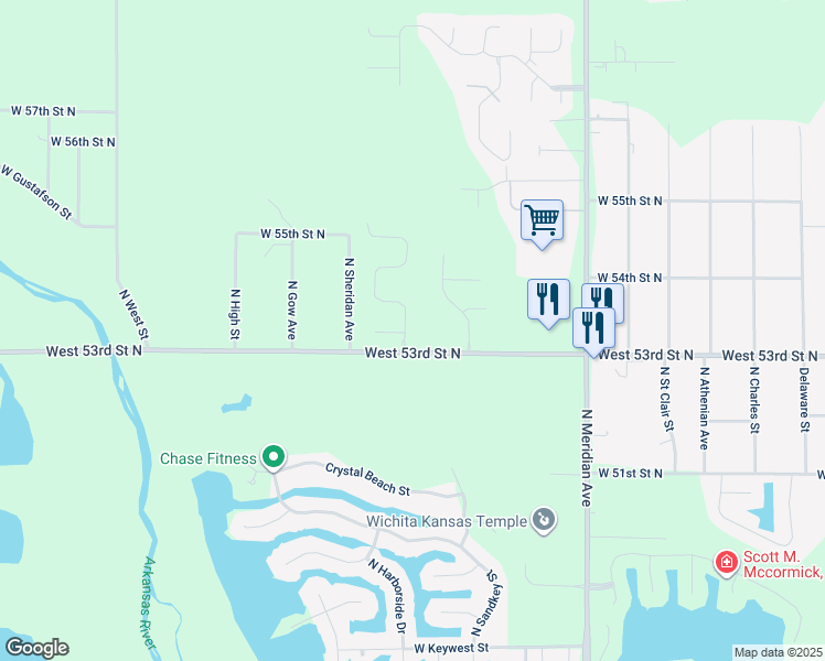 map of restaurants, bars, coffee shops, grocery stores, and more near 2894-3198 West 53rd Street North in Wichita