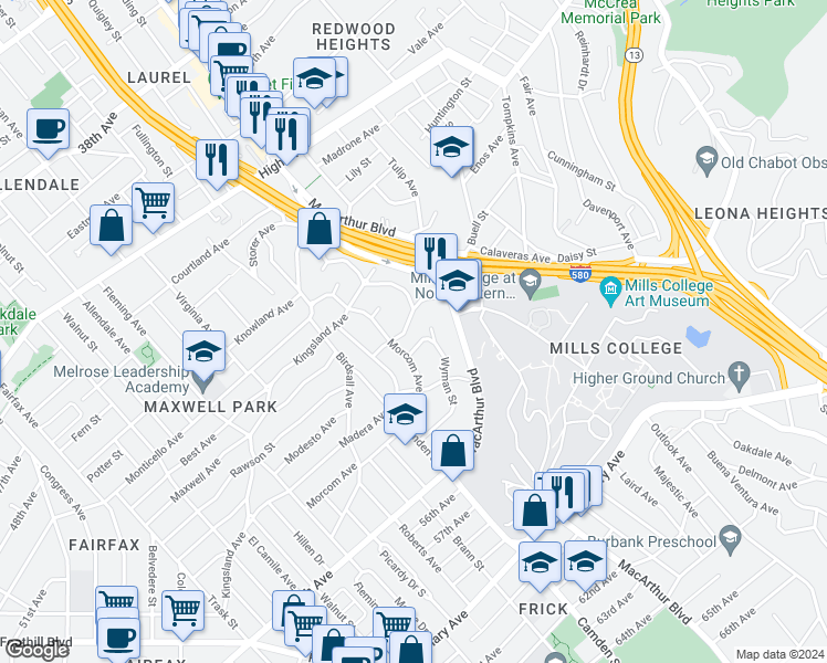 map of restaurants, bars, coffee shops, grocery stores, and more near 3432 Pierson Street in Oakland