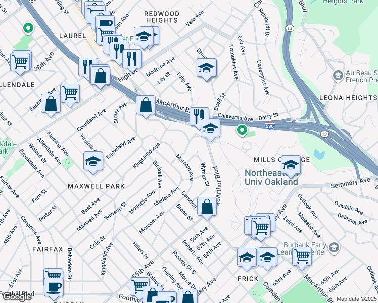 map of restaurants, bars, coffee shops, grocery stores, and more near 3432 Pierson Street in Oakland