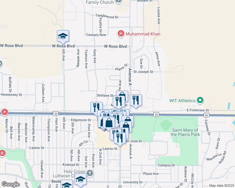 map of restaurants, bars, coffee shops, grocery stores, and more near 2707 Maralane Avenue in Dodge City