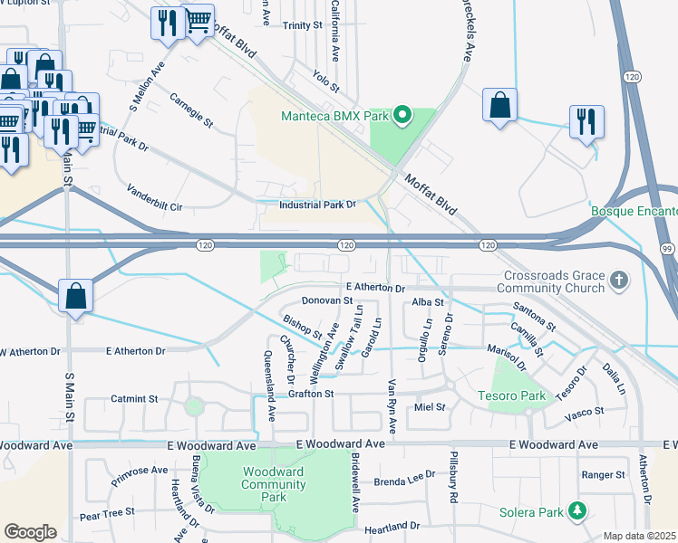 map of restaurants, bars, coffee shops, grocery stores, and more near 1478 London Ave in Manteca