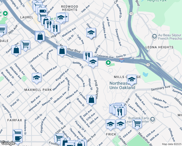 map of restaurants, bars, coffee shops, grocery stores, and more near 2 Wyman Place in Oakland
