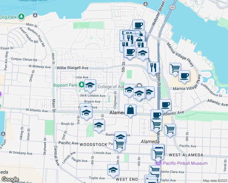map of restaurants, bars, coffee shops, grocery stores, and more near 3 Pickrell Square in Alameda