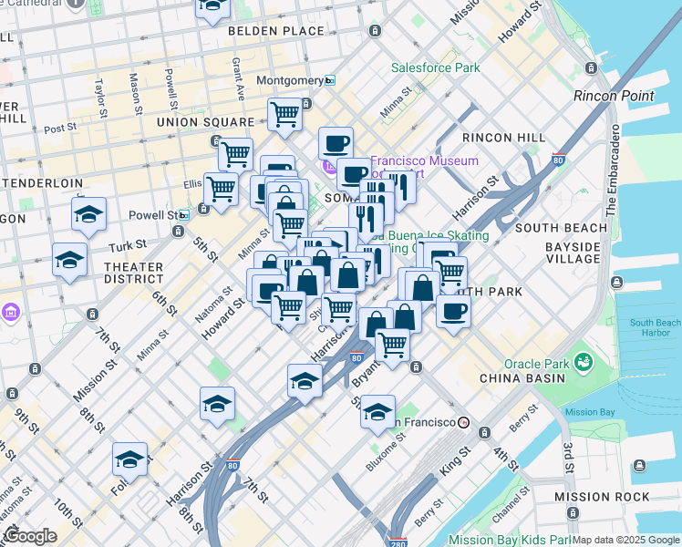 map of restaurants, bars, coffee shops, grocery stores, and more near 5490 Bonifacio Street in San Francisco