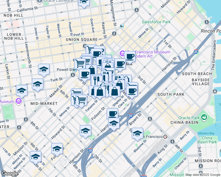 map of restaurants, bars, coffee shops, grocery stores, and more near 330 Clementina Street in San Francisco