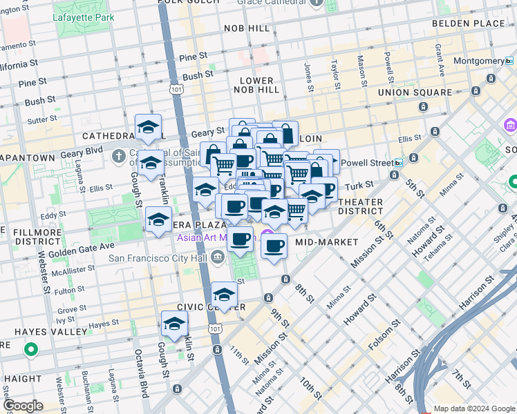 map of restaurants, bars, coffee shops, grocery stores, and more near 510 Larkin Street in San Francisco