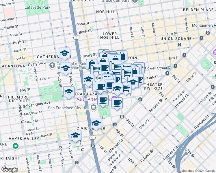 map of restaurants, bars, coffee shops, grocery stores, and more near in San Francisco