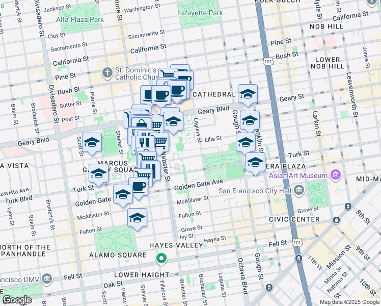 map of restaurants, bars, coffee shops, grocery stores, and more near 1278 Eddy Street in San Francisco