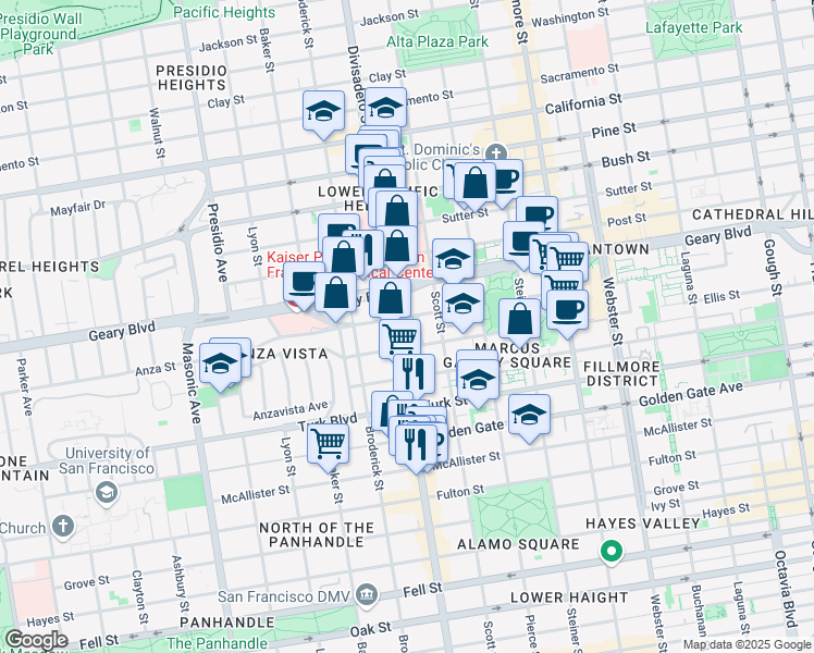 map of restaurants, bars, coffee shops, grocery stores, and more near 1320 Divisadero Street in San Francisco
