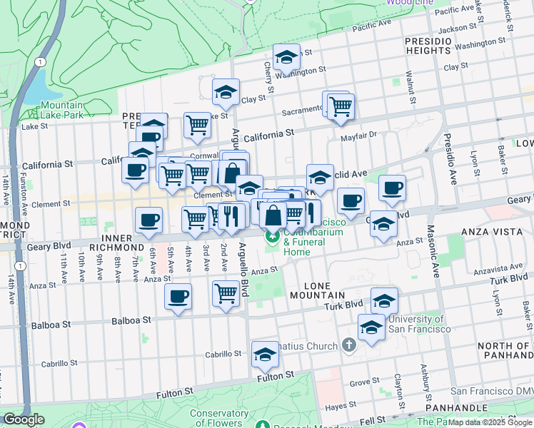 map of restaurants, bars, coffee shops, grocery stores, and more near 179 Jordan Avenue in San Francisco