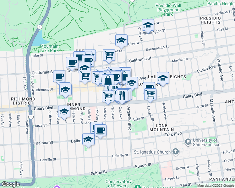 map of restaurants, bars, coffee shops, grocery stores, and more near 3732 Geary Boulevard in San Francisco