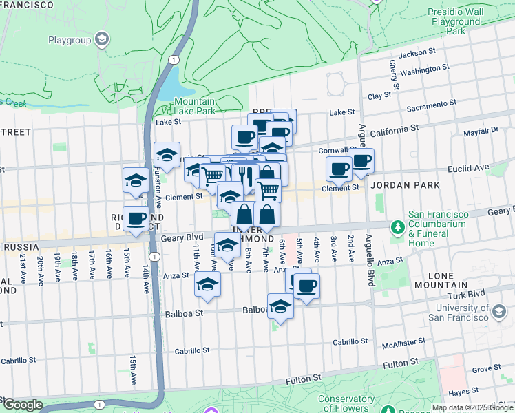 map of restaurants, bars, coffee shops, grocery stores, and more near 342 8th Avenue in San Francisco