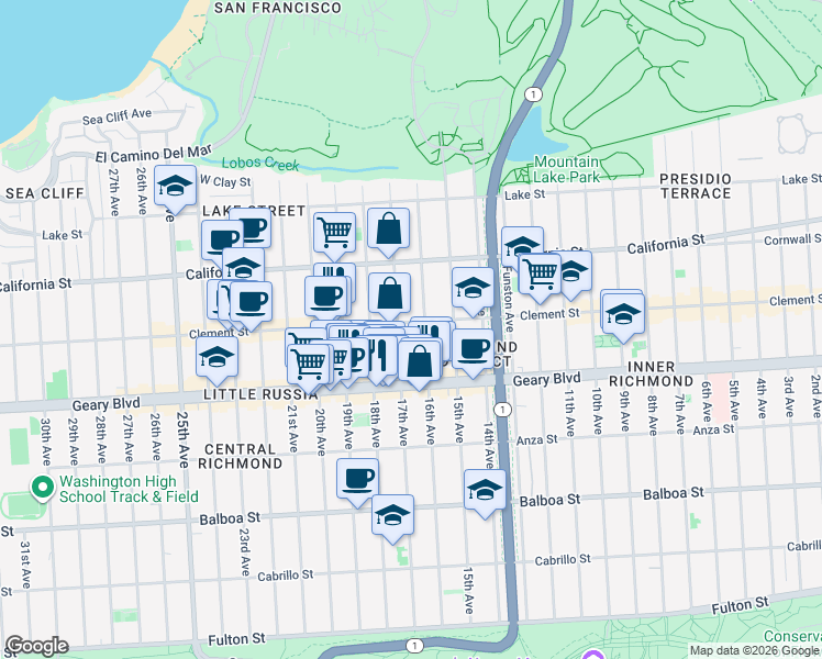 map of restaurants, bars, coffee shops, grocery stores, and more near 319 17th Avenue in San Francisco